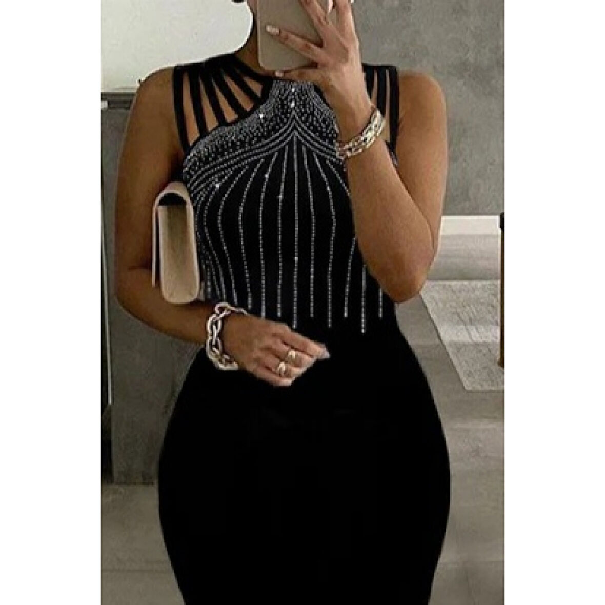 Lucky Life Kadın Omuz çoklu Askılı önü Taş Işlemeli Balık Kesim Janjan Krep Maxi Boy Elbise