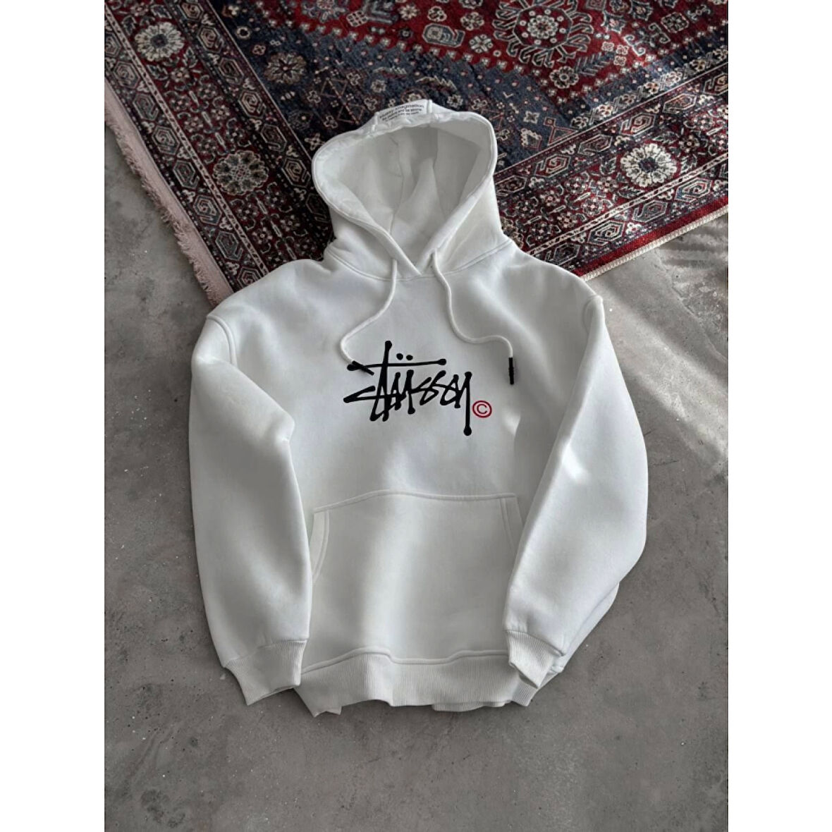 Üç İplik Kapşonlu Baskılı SweatShirt - Beyaz