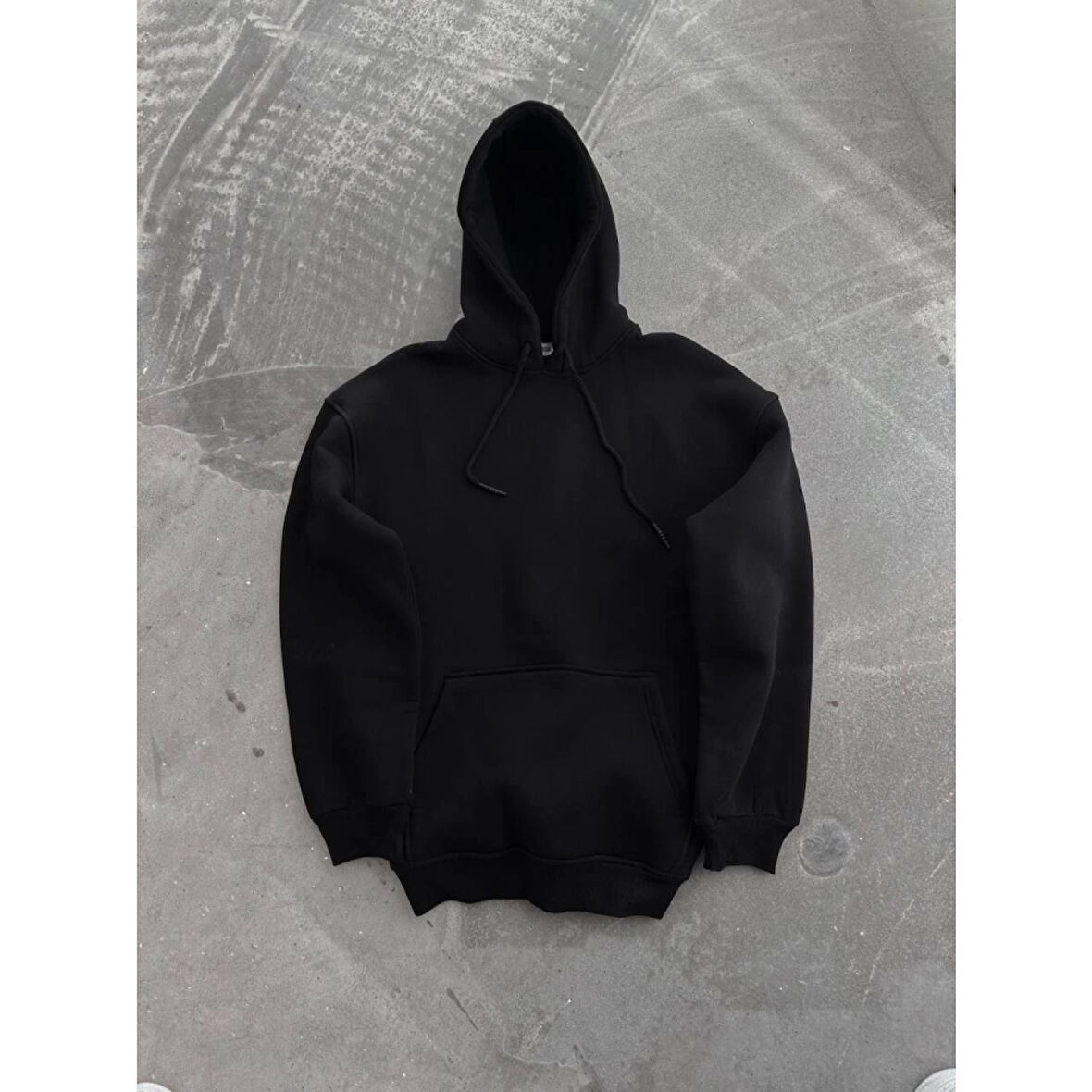 Kapşonlu Üç İplik Penye Basic SweatShirt - Siyah