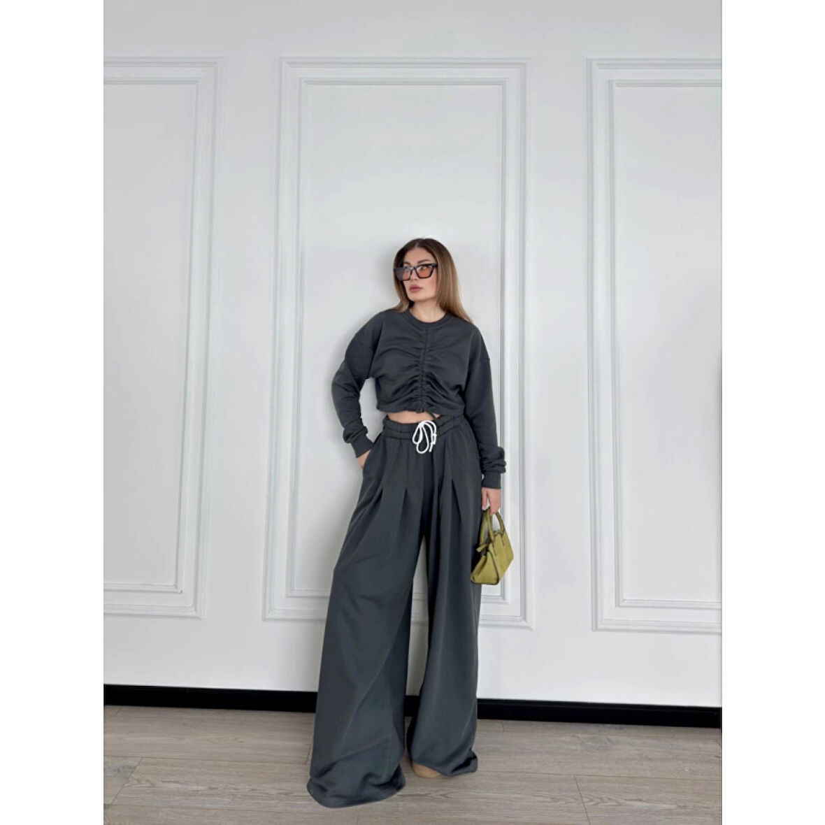 Lucky Life Kadın Uzun Kollu Önü İp Büzgülü Crop Ve Pantolon İkili Takım - Antrasit