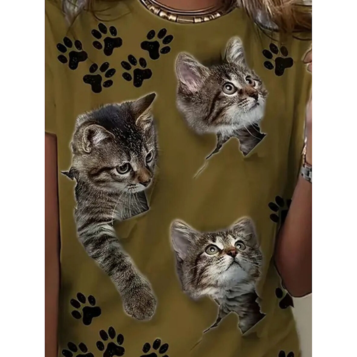 Lucky Life Kadın Kısa Kollu Kedi Ve Pati Baskılı Süprem T-shirt