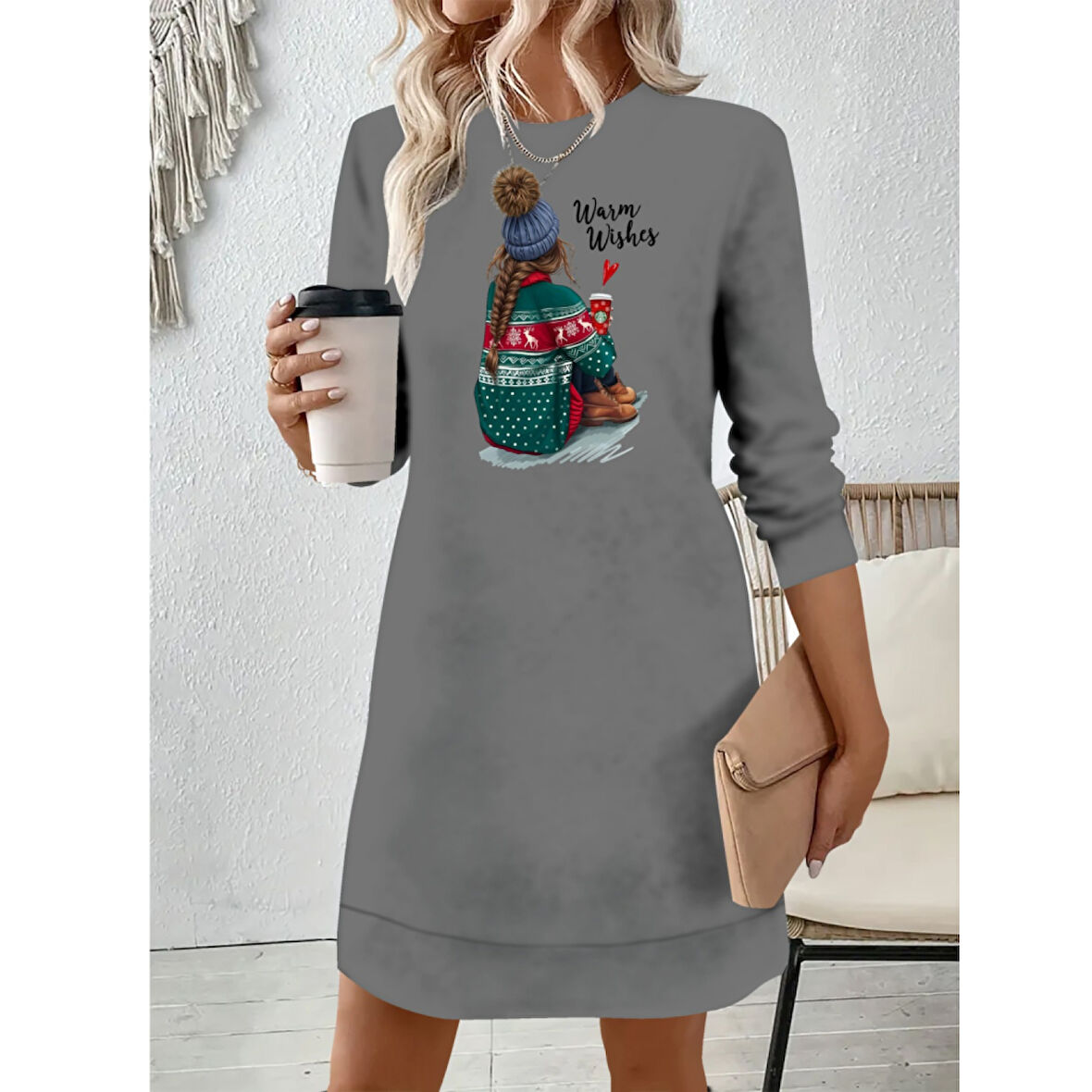 Lucky Life Kadın Uzun Kollu Bisiklet Yaka Desenli Viskon Iki Iplik Elbise