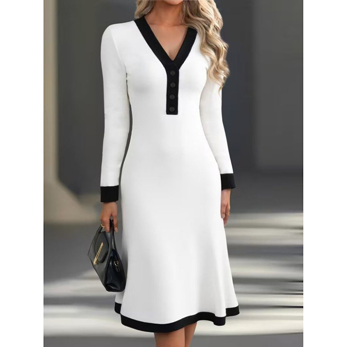 Lucky Life Kadın Uzun Kollu V Yakalı Düğmeli Midi Modal Elbise