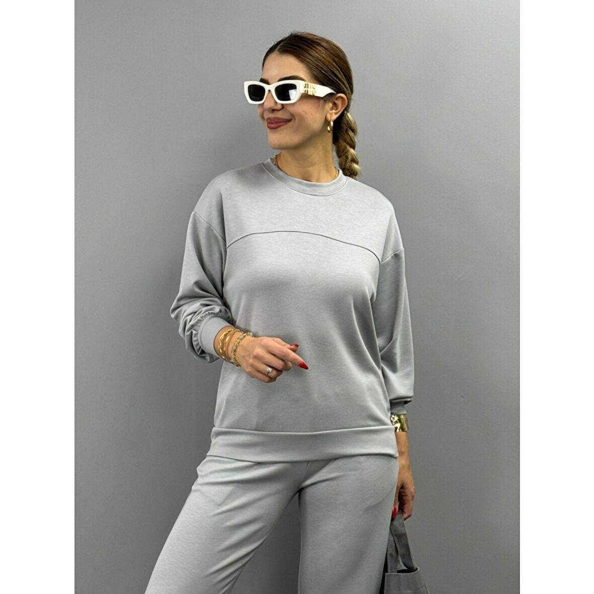 Lucky Life Kadın Uzun Kollu Bisiklet Yaka Viskon Iki Iplik Bluz Ve Pantolon Ikili Takım