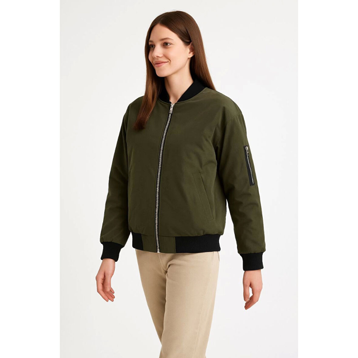 Içi Astarlı Fermuarlı Lucky Life Bomber Mont Ceket - Haki