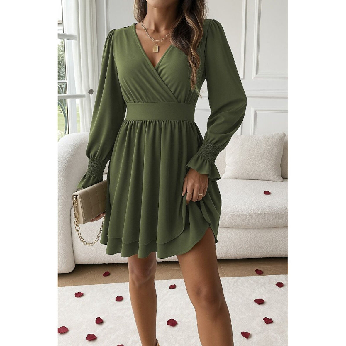 Lucky Life Kadın Uzun Kollu Kruvaze Yakalı Mini Sandy Elbise