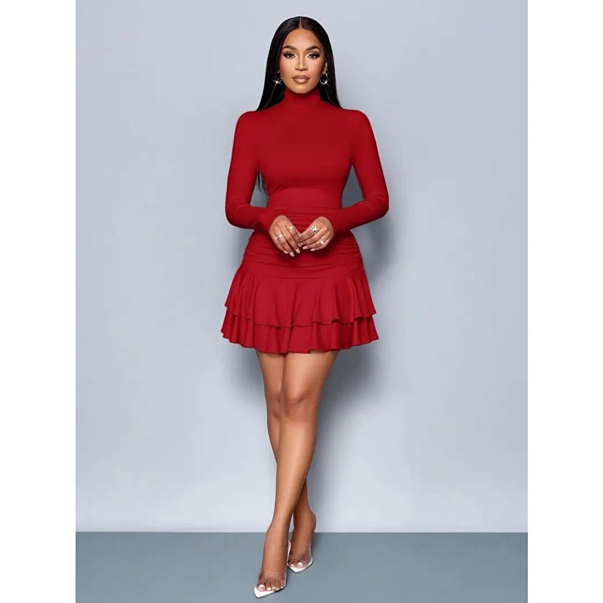 Lucky Life Kadın Uzun Kollu Balıkçı Yaka Mini Fırfırlı Sandy Elbise