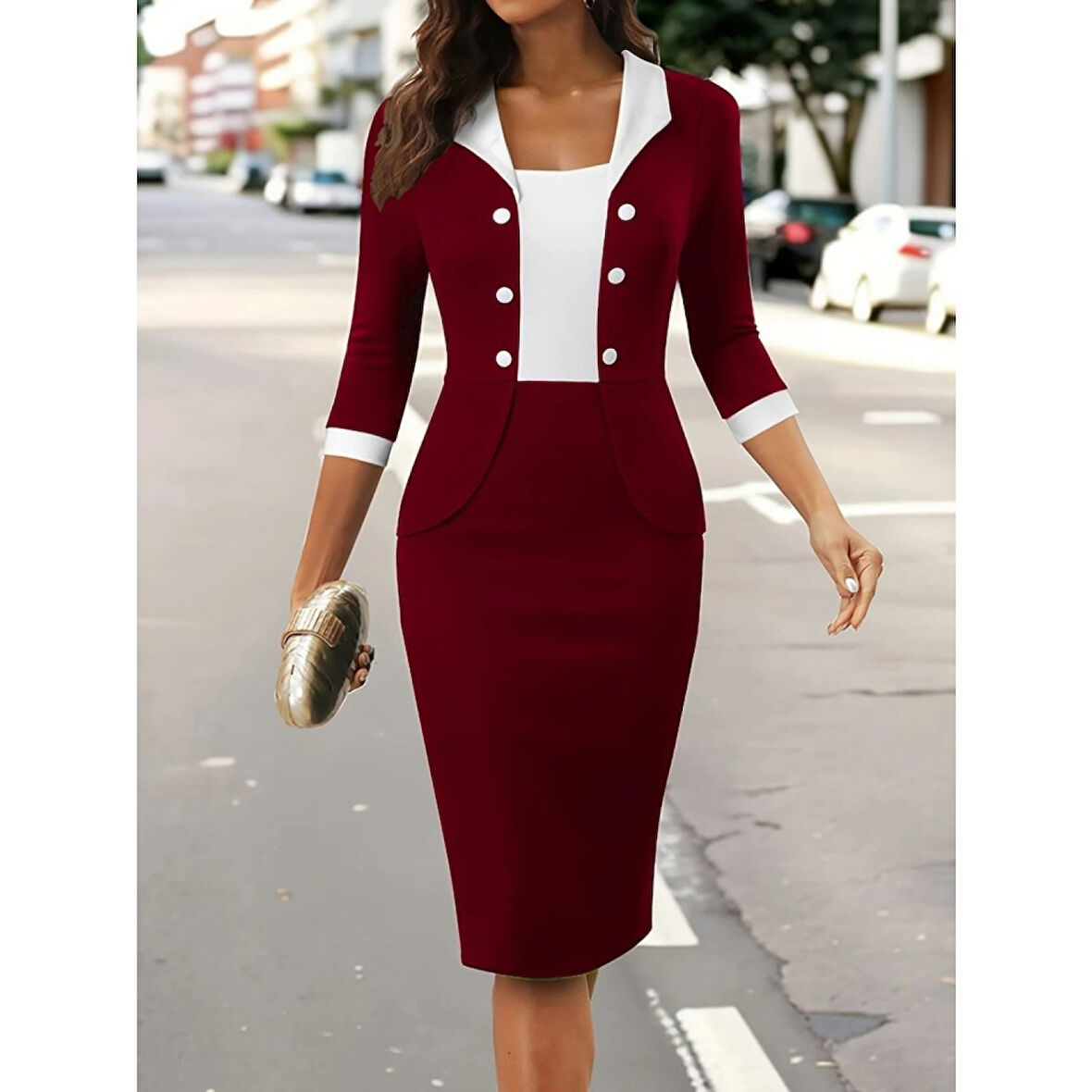 Lucky Life Kadın Truvakar Kol çift Renkli Düğmeli Kısa Ithal Krep Elbise