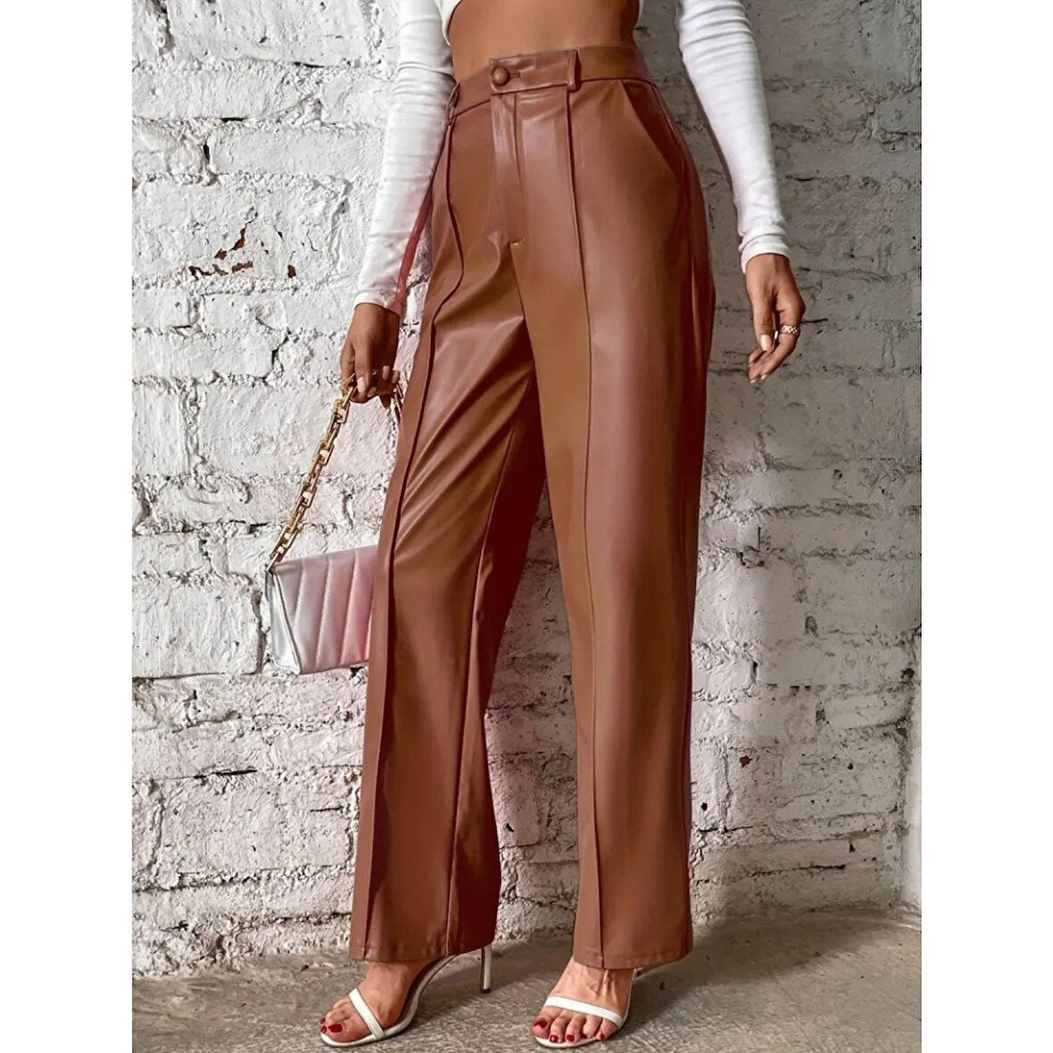 Lucky Life Kadın önden Fermuarlı Cepli Geniş Kesim Lame Deri Pantolon