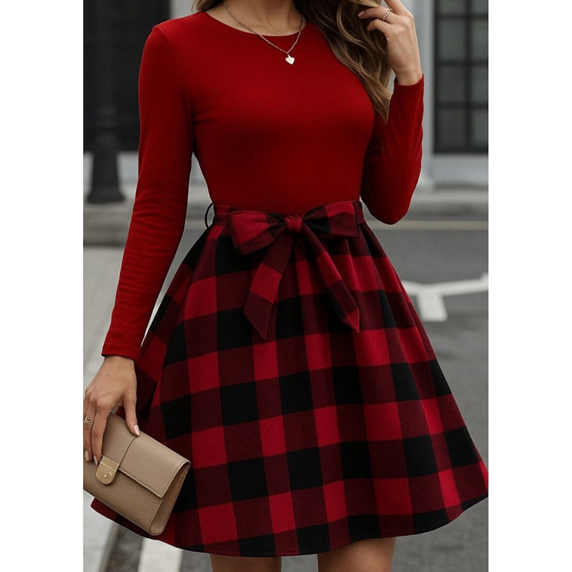 Lucky Life Kadın Uzun Kollu Bisiklet Yaka üst Viskon Alt Ekose Kısa Elbise