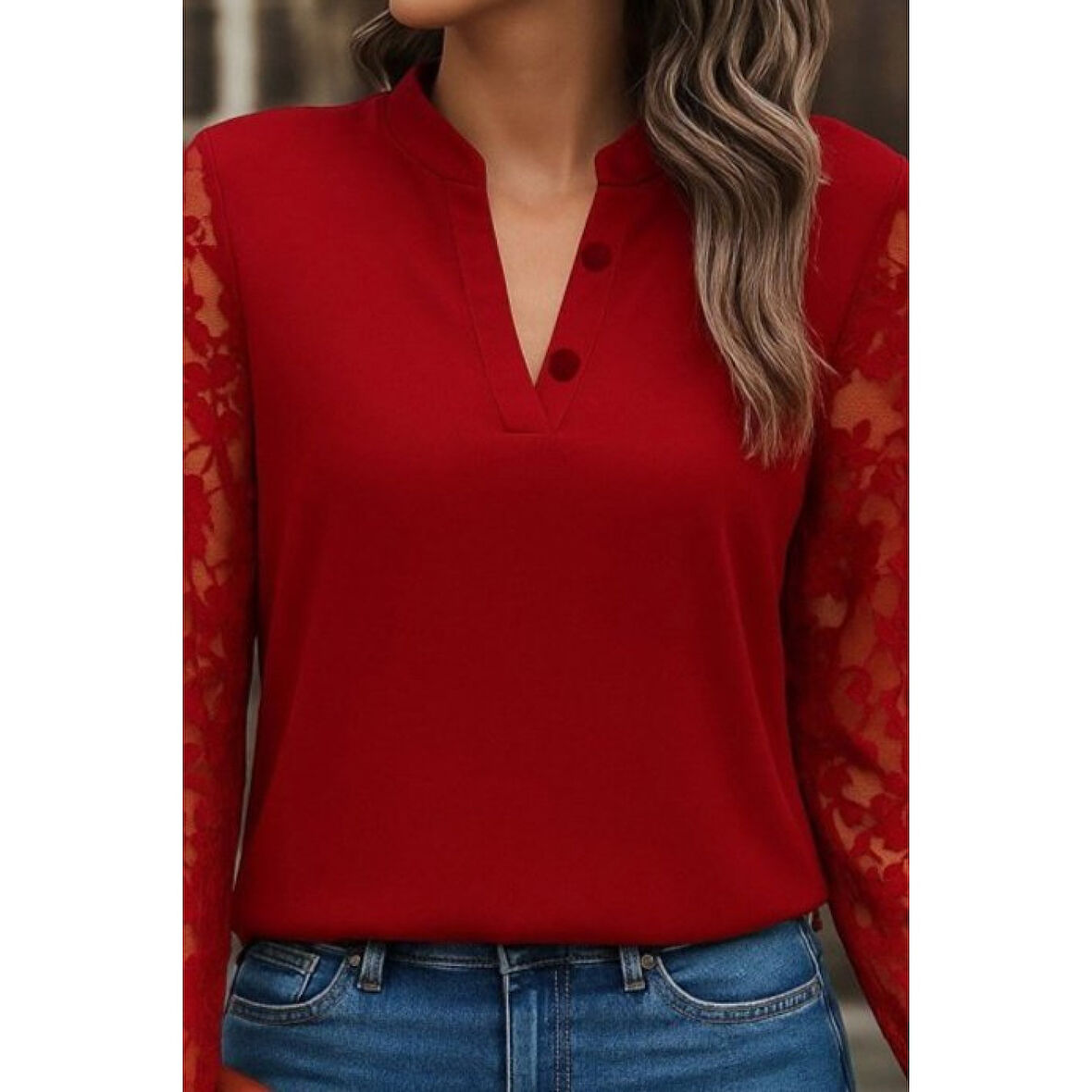 Lucky Life Kadın Uzun Kollu Yaka Düğme Detay Güpürlü Kol Krep Bluz