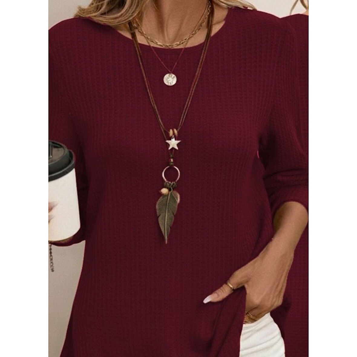 Lucky Life Kadın Uzun Kollu Yuvarlak Yaka Arkadan Düğmeli Waffle Bluz