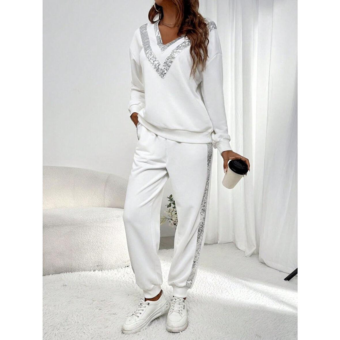 Lucky Life Lucky Life Kadın Uzun Kollu V Yakalı Pulpayetli Viskon Iki Iplik Bluz Ve Pantolon