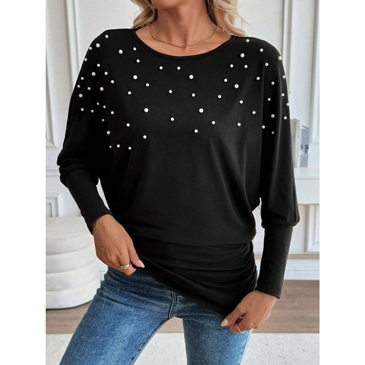 Lucky Life Kadın Uzun Kollu Yuvarlak Yaka Incili Viskon Bluz