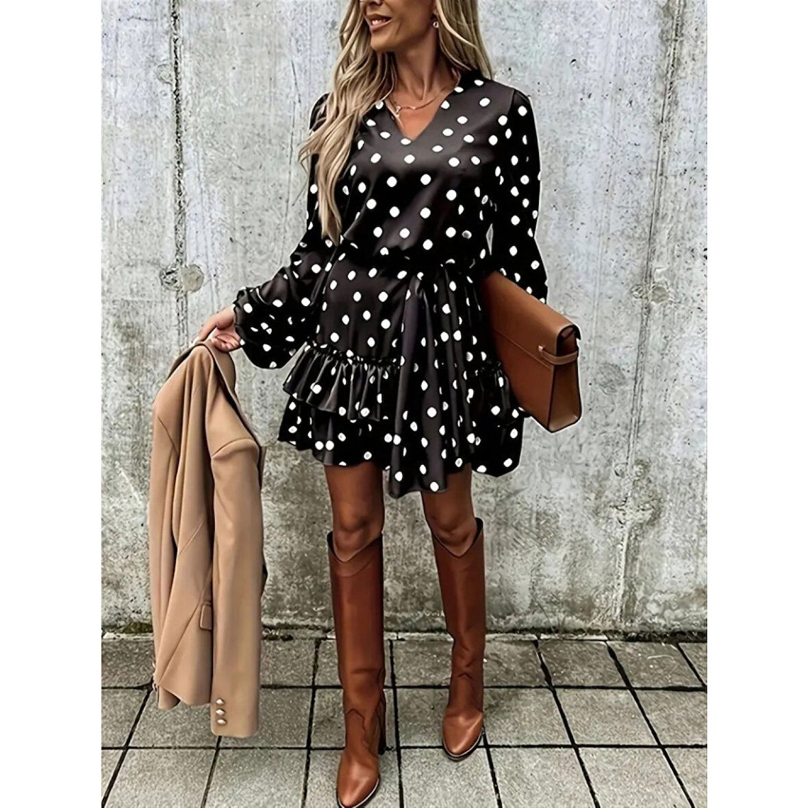 Lucky Life Kadın Uzun Kollu V Yakalı Belden Kuşaklı Puantiyeli Mini Modal Elbise