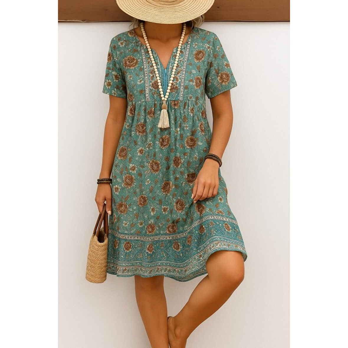 Lucky Life Kadın Kısa Kollu Yakası Bağcıklı önden Düğmeli Fırfır Desenli Süprem Elbise