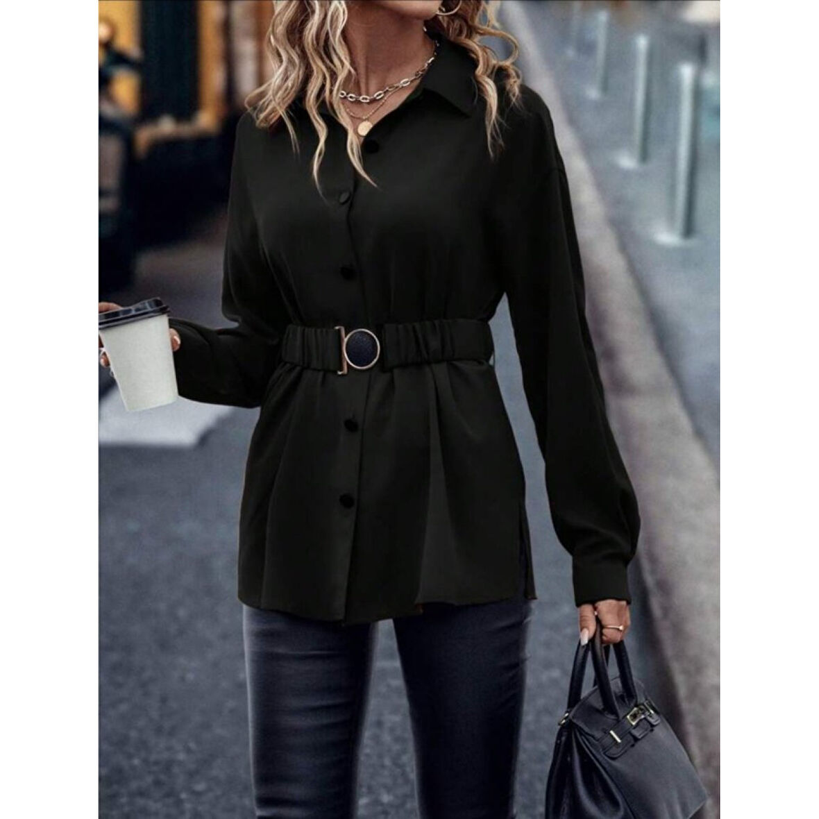 Lucky Life Kadın Uzun Kollu Yakalı önden Düğmeli Belden Kemerli Ithal Krep Bluz