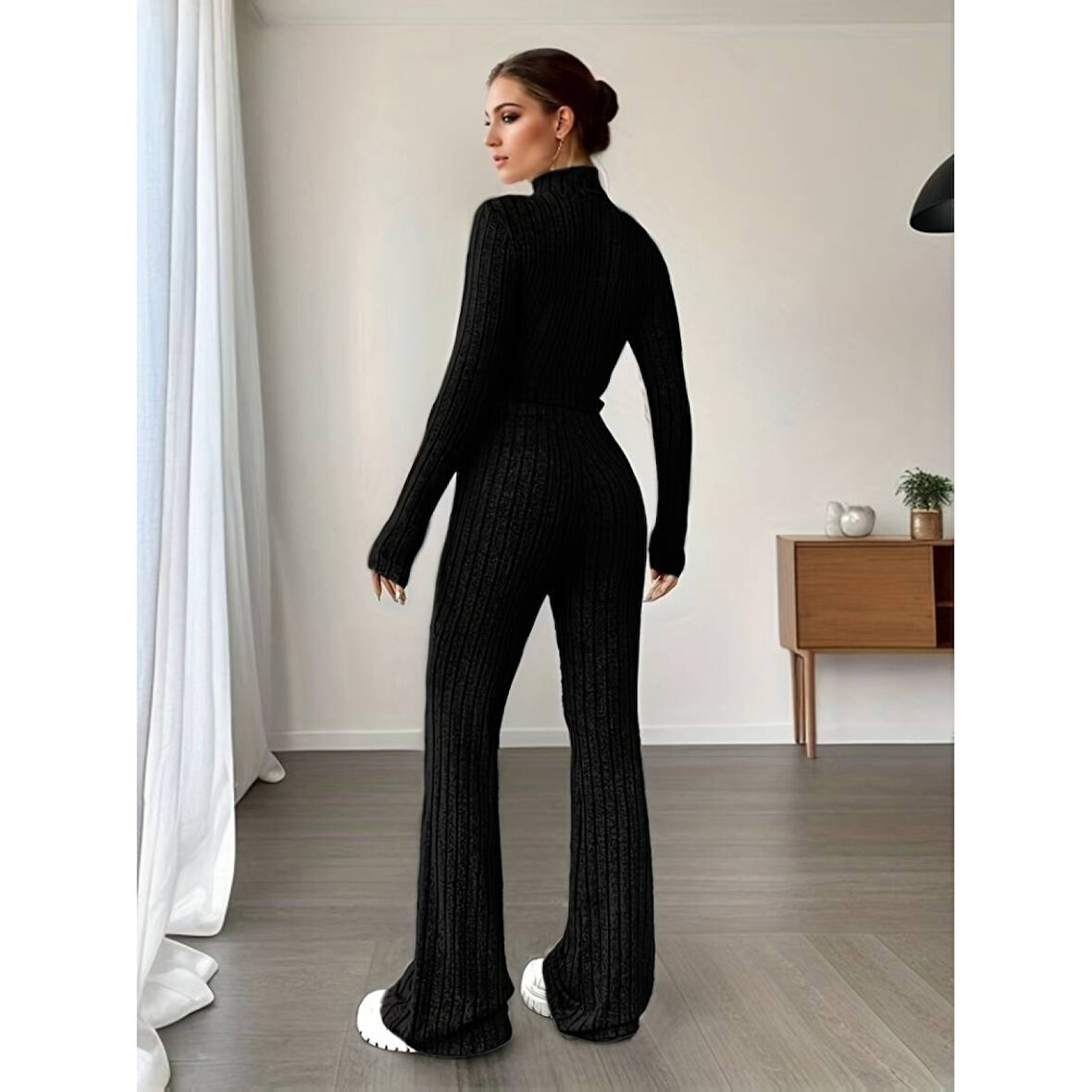 Lucky Life Kadın Uzun Kollu Balıkçı Yaka Krop Ve Pantolon şardonlu Kaşkorse Ikili Takım