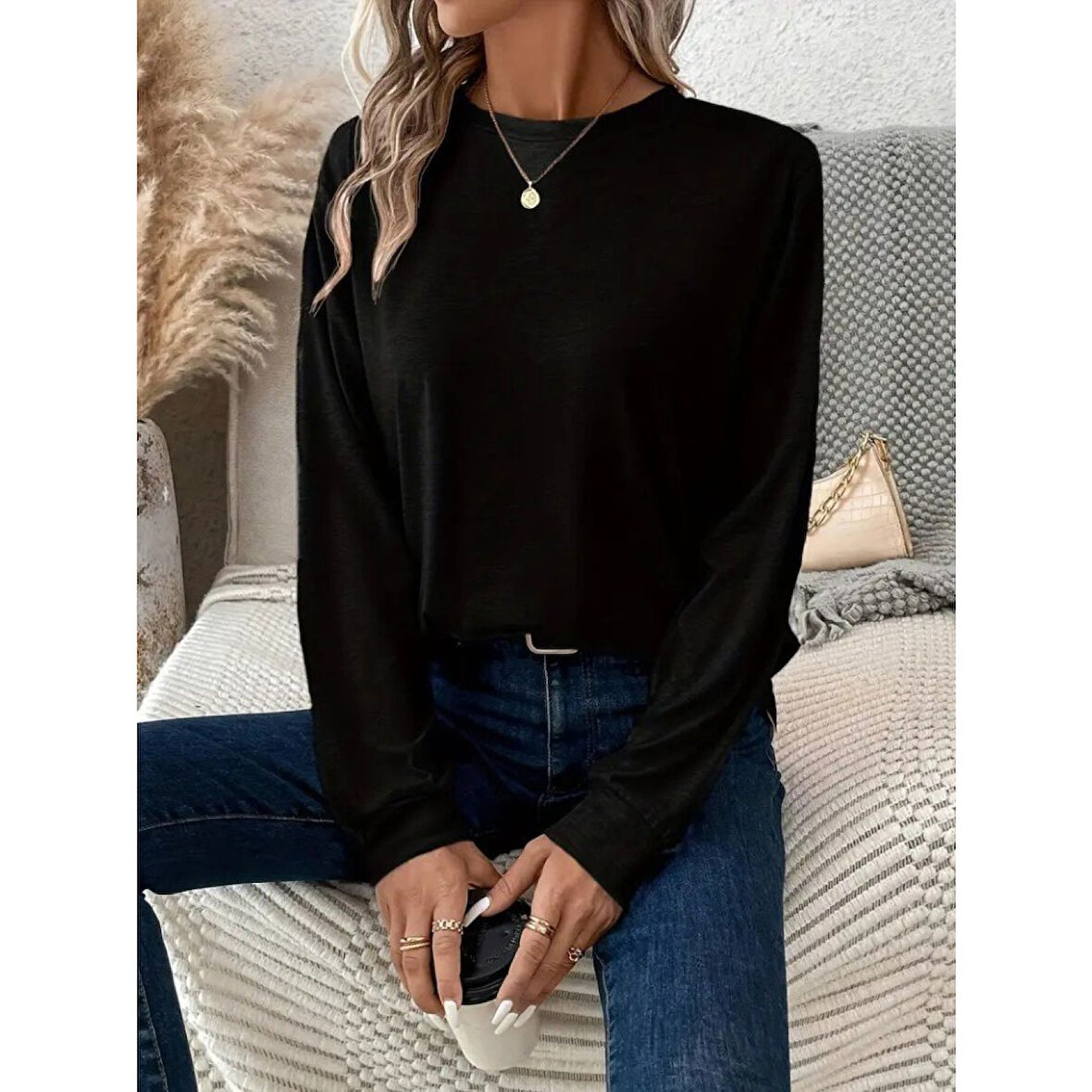 Lucky Life Kadın Uzun Kollu Bisiklet Yaka Viskon Bluz