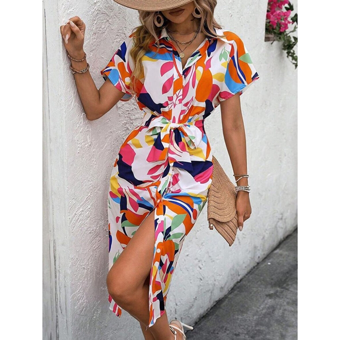 Lucky Life Kadın Kısa Kollu Yakalı önü Düğmeli önden Drapeli Desenli Süprem Elbise