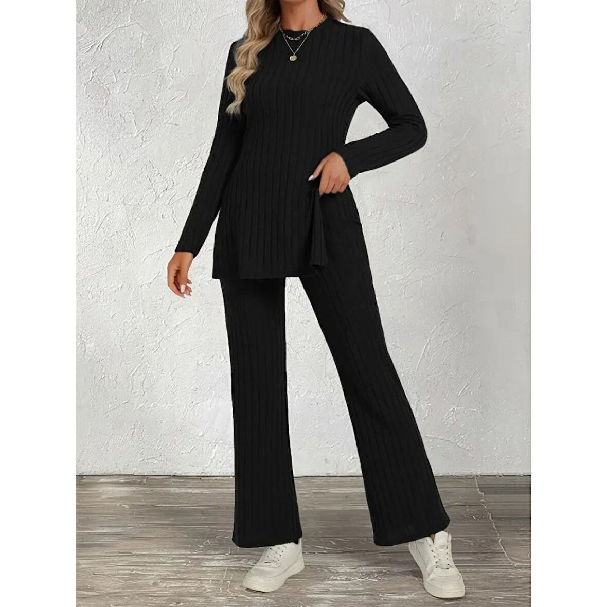 Lucky Life Kadın Uzun Kollu Bisiklet Yaka Yandan Yırtmaçlı şardonlu Kaşkorse Bluz Ve Pantolon Ikili Takım