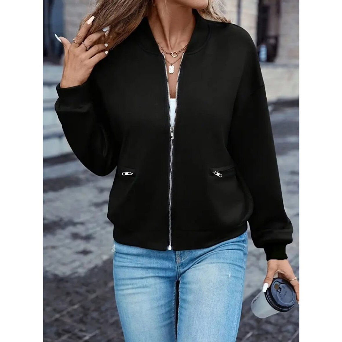 Lucky Life Kadın Uzun Kollu önden Fermuarlı Cepli Modal Ceket