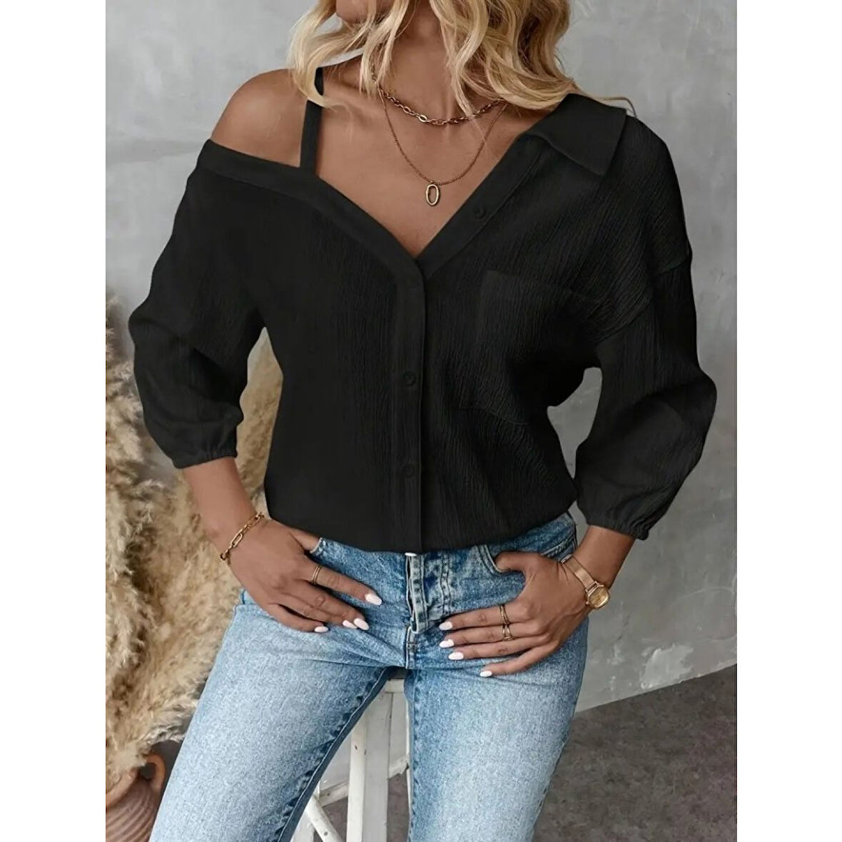 Lucky Life Kadın Tek Omuzdan Açık Askılı Uzun Kollu Yakalı önden Düğmeli Gömlek