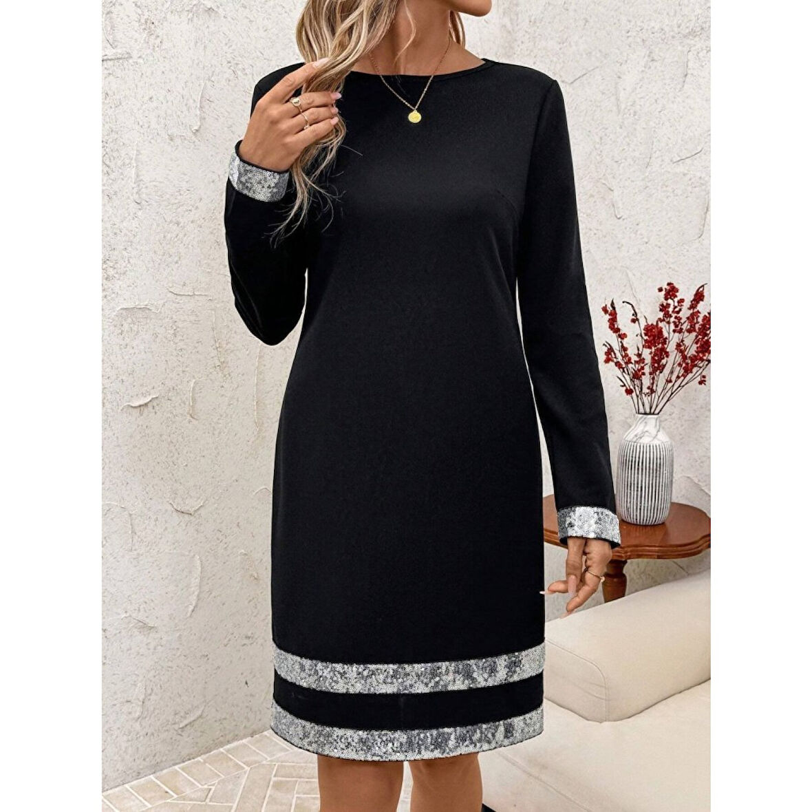 Lucky Life Kadın Uzun Kollu Bisiklet Yaka Mini Ithal Krep Elbise