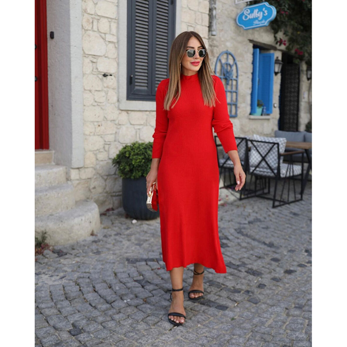 Lucky Life Kadın Uzun Kollu Yarı Balıkçı Yaka Arkadan Pencere Detaylı Bağcıklı Midi Triko Elbise