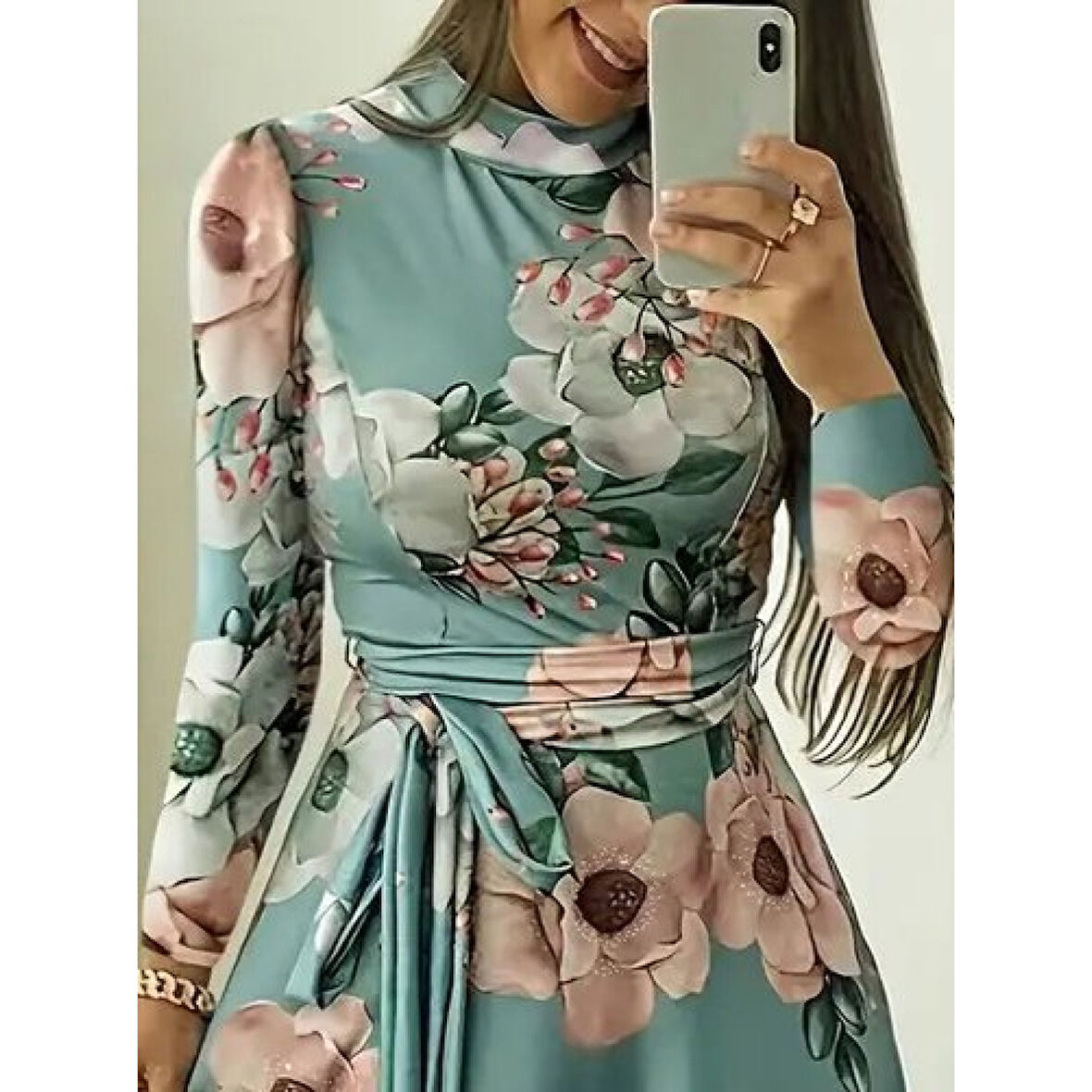 Lucky Life Kadın Uzun Kollu Yuvarlak Yakalı Beli Kuşaklı Desenli Süprem Uzun Elbise