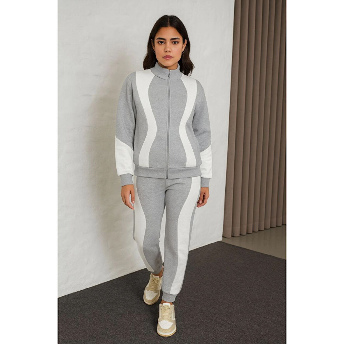 Premium Parçalı Eşofman Takım - Dik Yaka Fermuarlı Sweatshirt - Gri