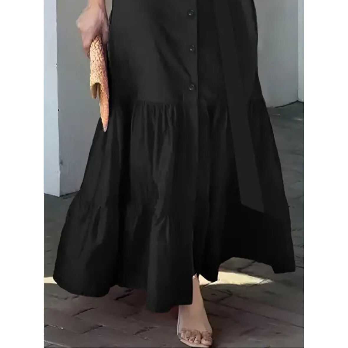 Lucky Life Kadın Uzun Kollu Eteği Fırfırlı Beli Kuşaklı Trikoton Tam Boy Gömlek Elbise