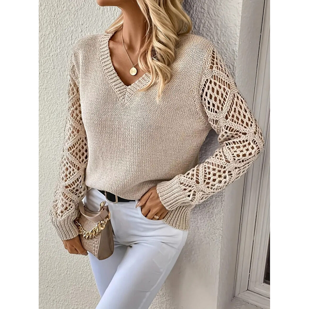 Lucky Life Lucky Life Kadın Uzun Kollu V Yaka Kol Delikli Baklava Desen Detaylı Triko Kazak