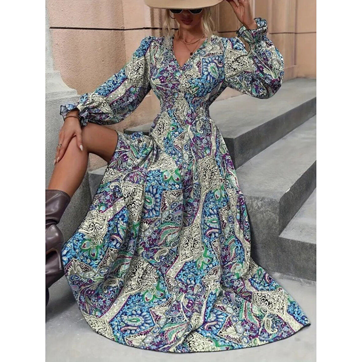 Lucky Life Kadın Uzun Kollu Kruvaze Yakalı Desenli Süprem Maxi Elbise