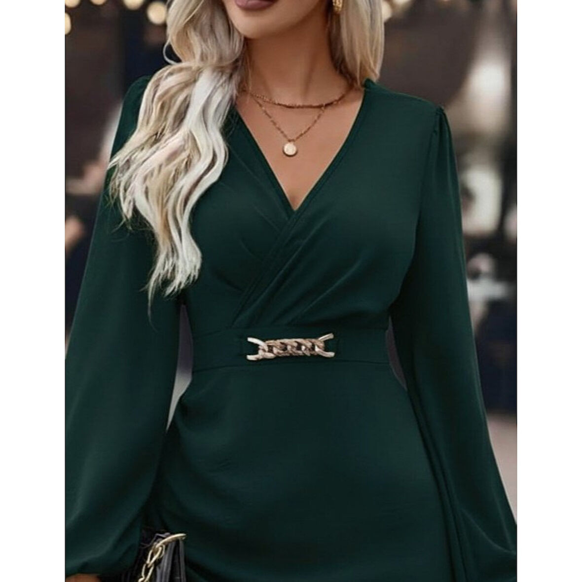 Lucky Life Kadın Uzun Kollu Kruvaze Yaka Yandan Büzgülü Asimetrik Detaylı Ithal Krep Mini Elbise