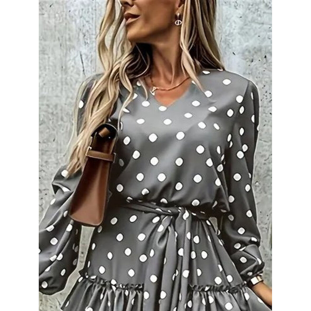 Lucky Life Kadın Uzun Kollu V Yakalı Belden Kuşaklı Puantiyeli Mini Modal Elbise