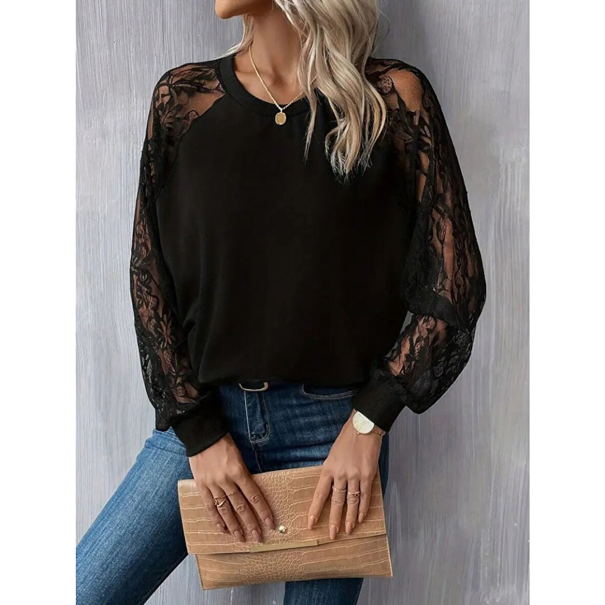 Lucky Life Kadın Uzun Dantel Kollu Bisiklet Yaka Viskon Bluz