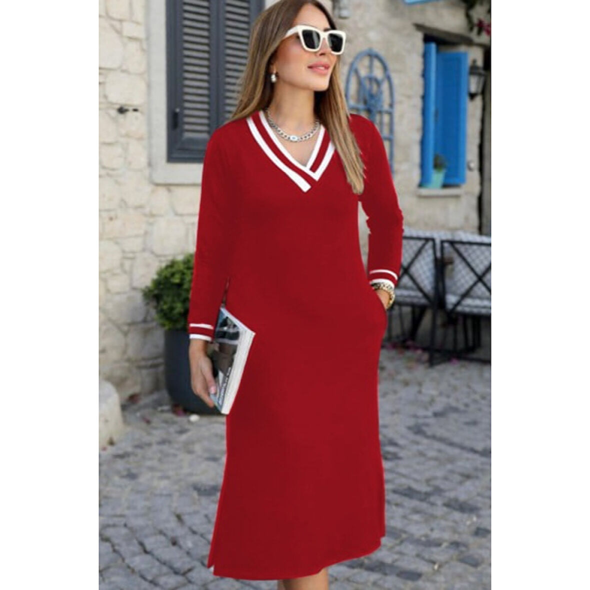 Lucky Life Kadın Uzun Kollu V Yakalı Yandan Yırtmaçlı Iki Iplik Midi Elbise