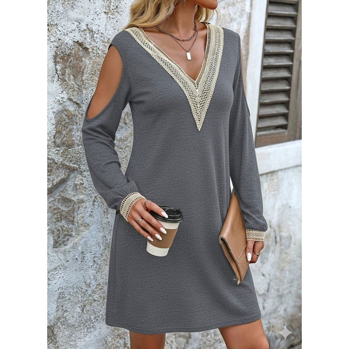 Lucky Life Kadın Uzun Kollu Omuzdan Açık V Dantel Yakalı Mini Waffle Elbise