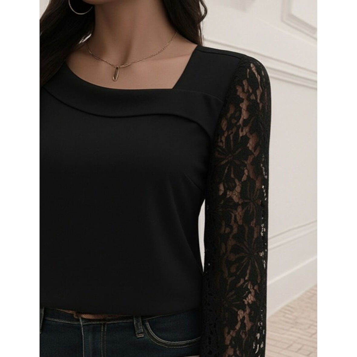 Lucky Life Kadın Uzun Kollu Asimetrik Yakalı Dantelli Ithal Krep Bluz