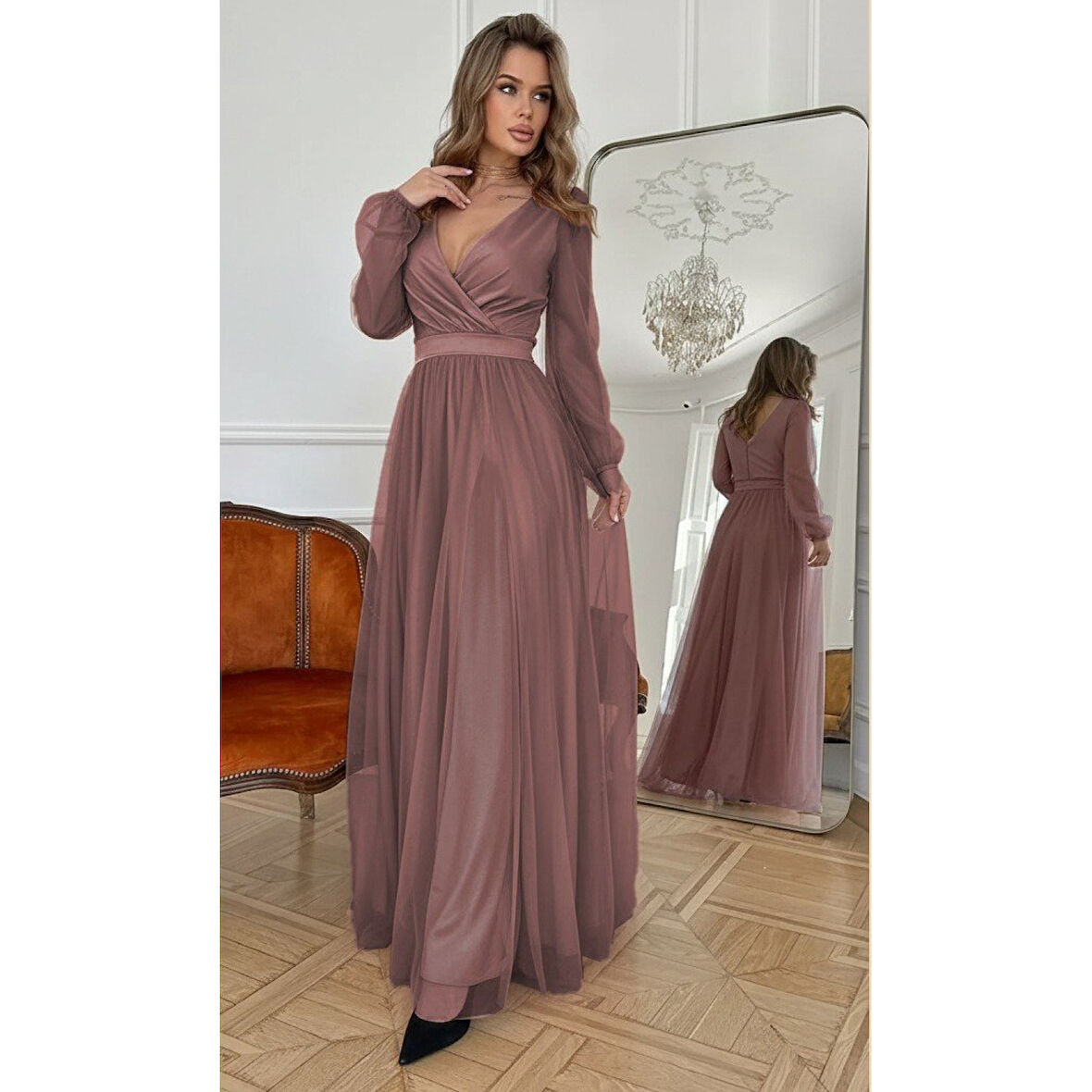 Lucky Life Kadın Uzun Kollu Kruvaze Yakalı Belden Kuşaklı Tüllü Uzun Ithal Krep Elbise