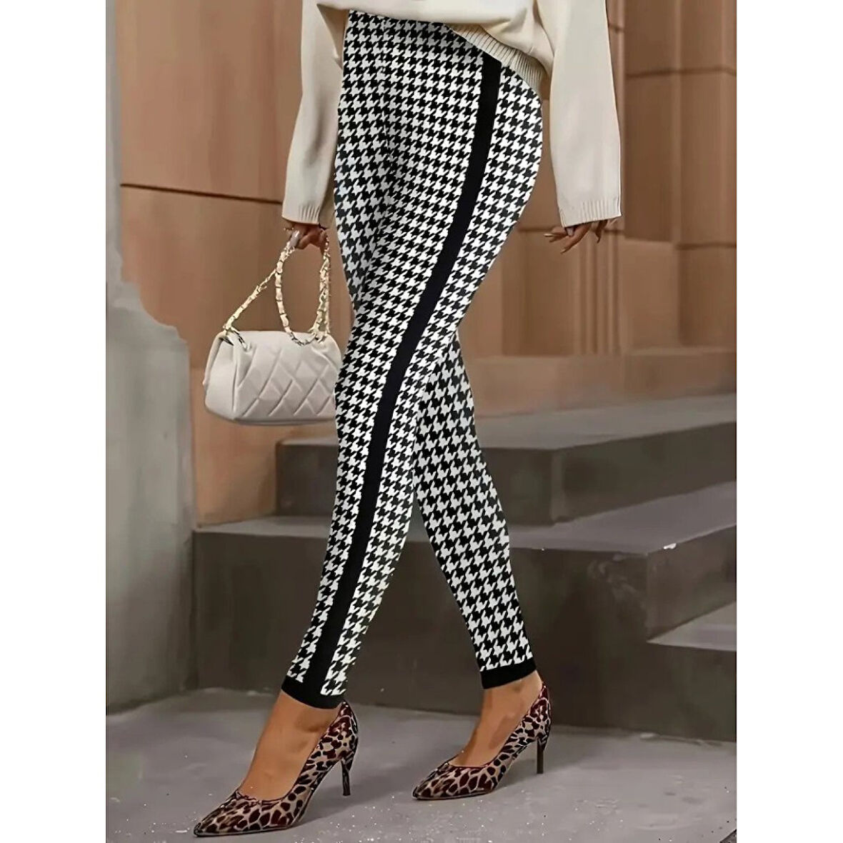 Lucky Life Kadın Yüksek Bel Kaz Ayağı Desenli Yanları şeritli Dalgıç Pantolon