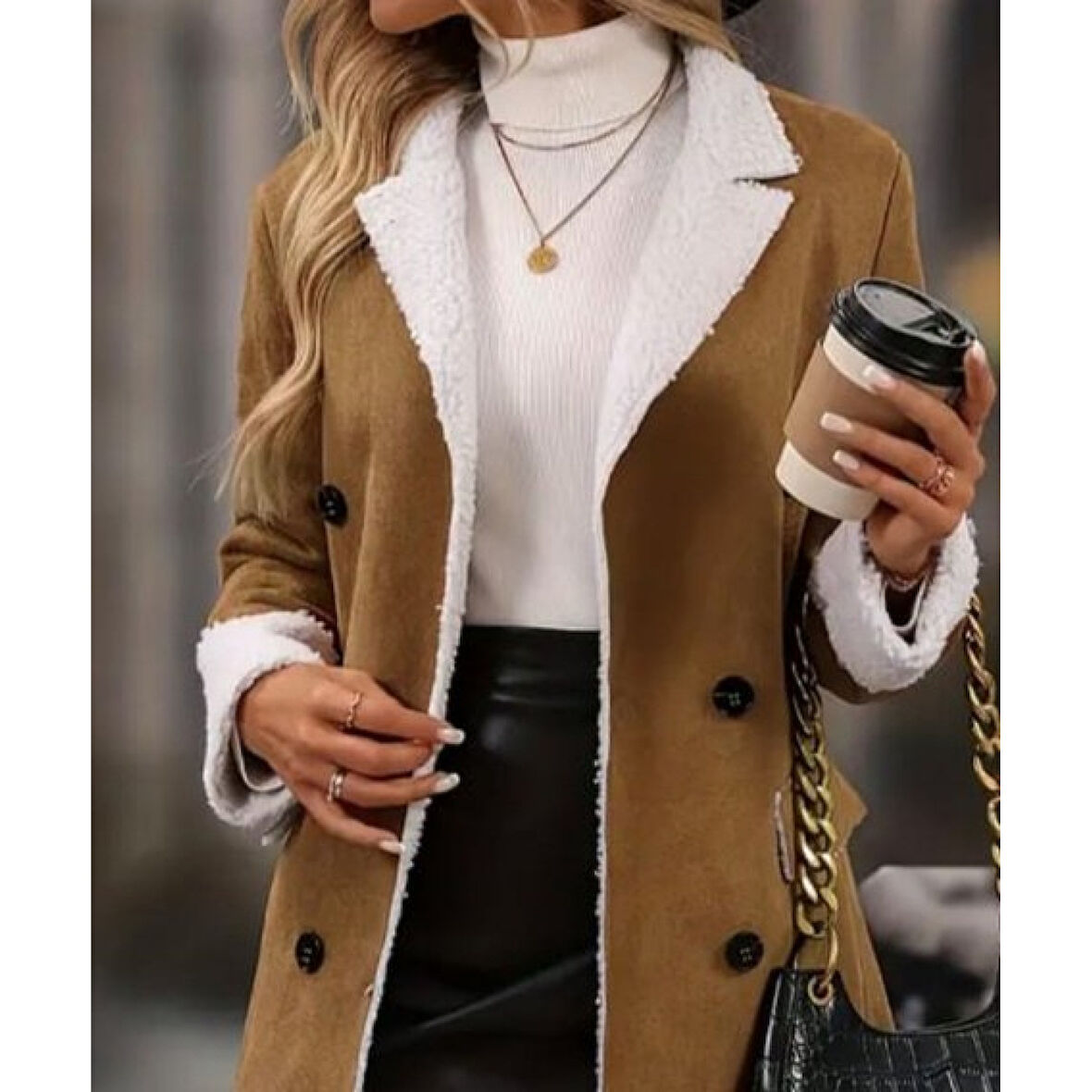 Lucky Life Kadın Uzun Kollu Yakalı Düğmeli Süet Mini Manto