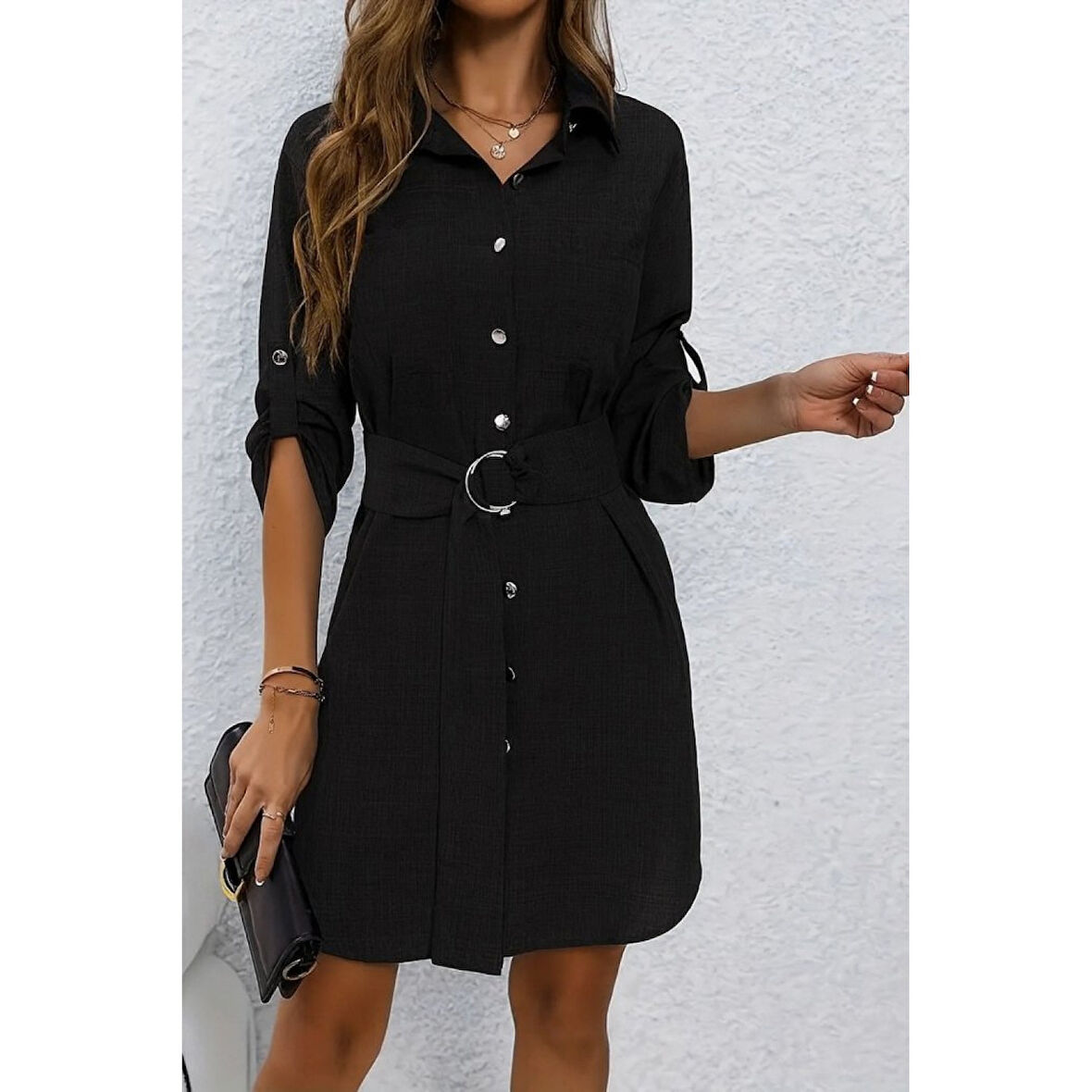 Lucky Life Kadın Uzun Kollu Yakalı önden Düğmeli Beli Kuşaklı Mini Ithal Keten Elbise