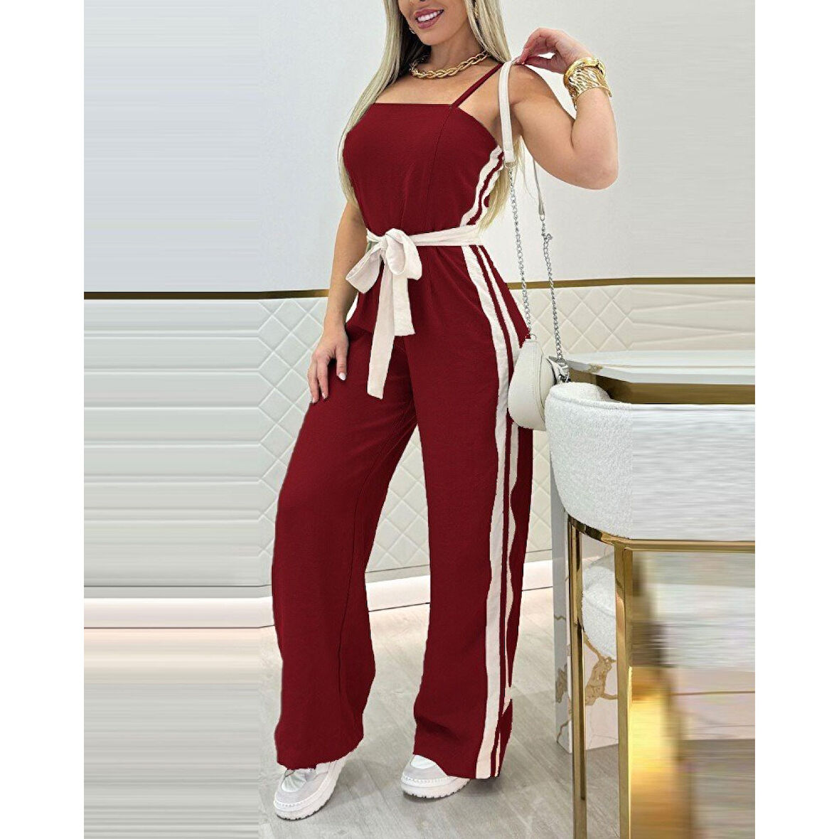 Lucky Life Kadın Ip Askılı Straplez Belden Kuşaklı Viskon Iki Iplik Tulum