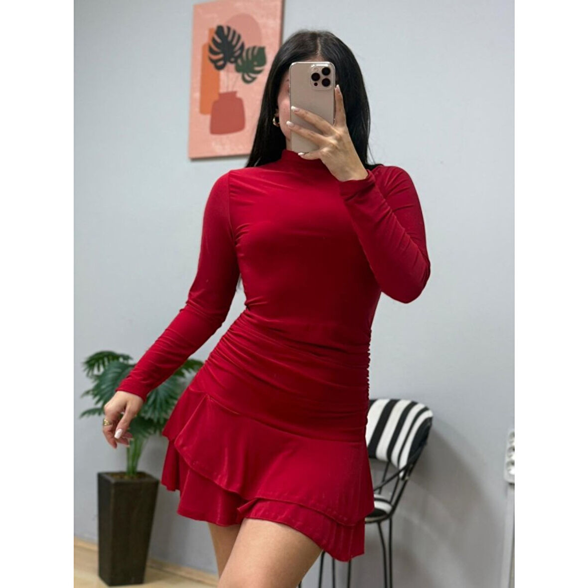 Lucky Life Kadın Uzun Kollu Balıkçı Yaka Mini Fırfırlı Sandy Elbise