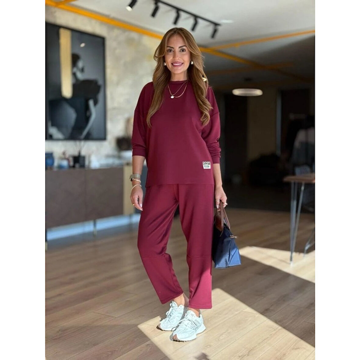 Lucky Life Kadın Uzun Kollu Bisiklet Yaka Viskon Iki Iplik Bluz Ve Pantolon Ikili Takım