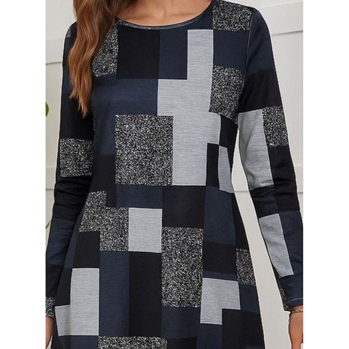 Lucky Life Kadın Uzun Kollu Yuvarlak Yaka Geometrik Süprem Elbise