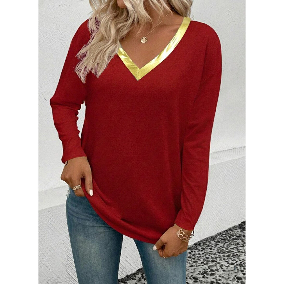 Lucky Life Kadın Uzun Kollu V Parlak Yaka Detaylı Viskon Bluz