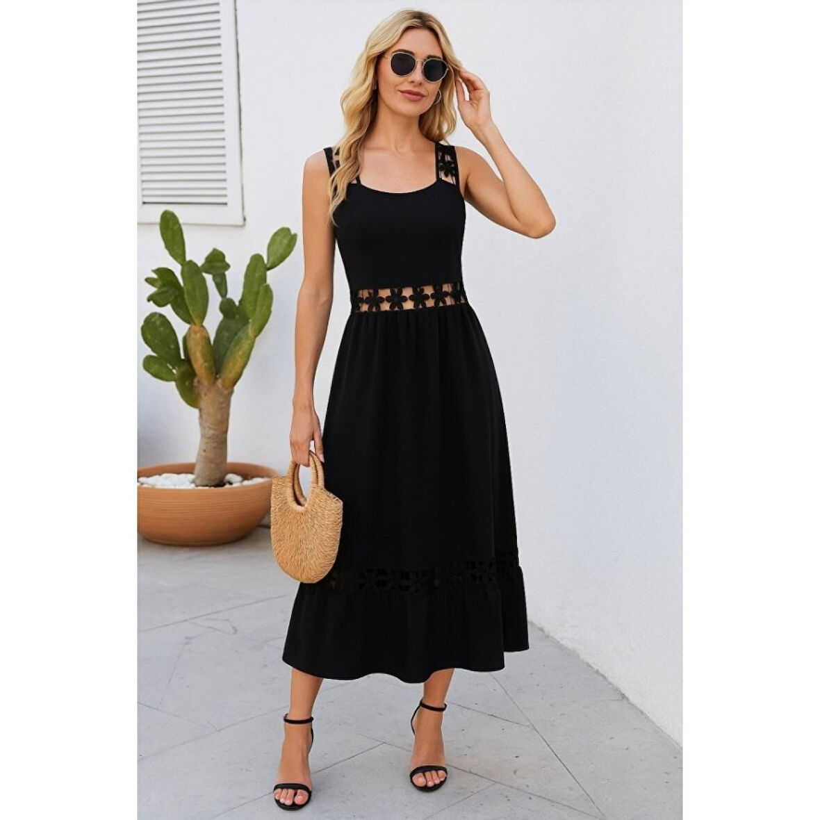 Lucky Life Kadın Askılı Dantel Detaylı Kiloş Janjan Krep Elbise